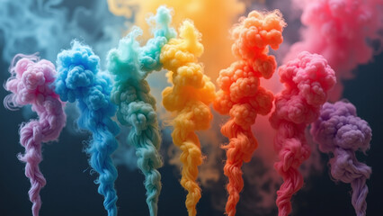 Vibrant smoke trails of various colors against a dark background.