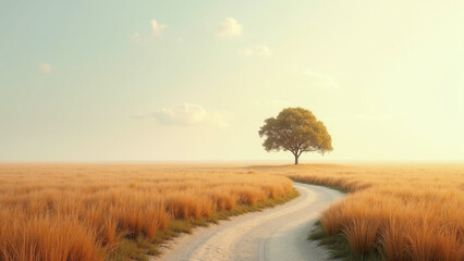 A lone tree stands on a winding road through a golden field.