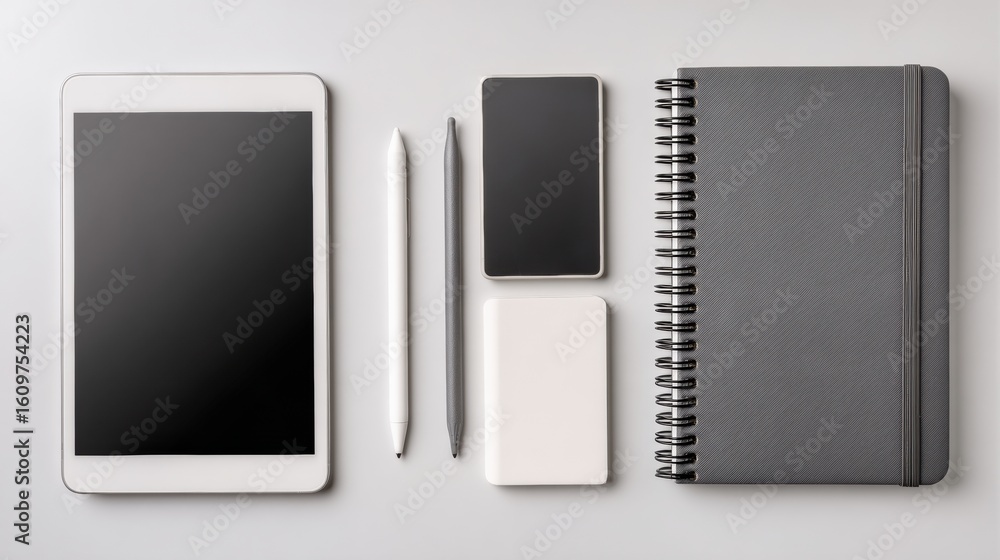 Poster digital tools for education arranged in an aesthetic layout on a light surface with a blank space fo