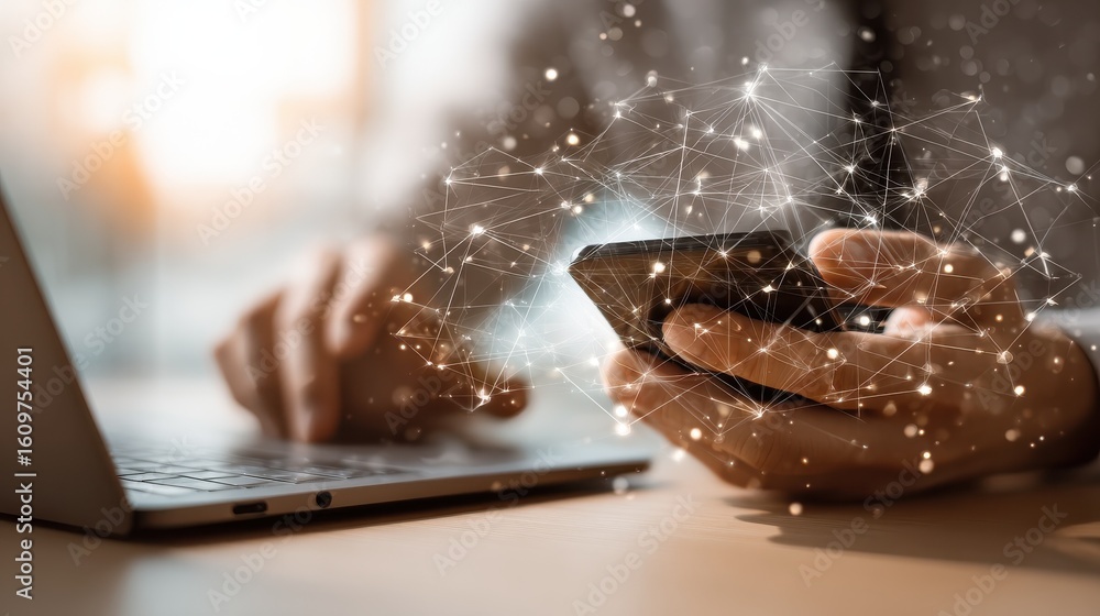 Poster side view of businessman hands using smartphone and laptop on blurry background with abstract social