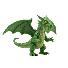 Obraz premium A small, vibrant green plastic dragon toy with intricate sculpted details and distinct wings, presented on a transparent, isolated seamless background with perfect studio lighting, commercial toy