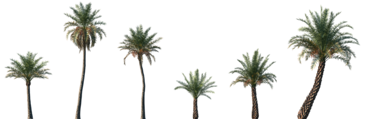 Set of Phoenix sylvestris (also known as silver date palm, Indian date, sugar date palm or wild date palm) frontal isolated png on a transparent background perfectly cutout