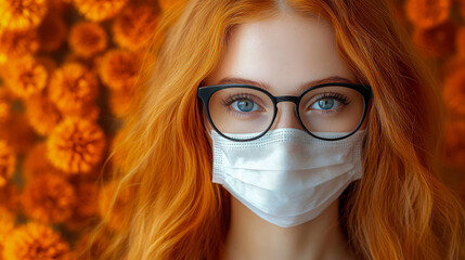 Close-up portrait of a vibrant redhead woman wearing spectacles and a protective face mask, set against a blurred autumn floral celebration, conveying health and beauty during the fall season.
