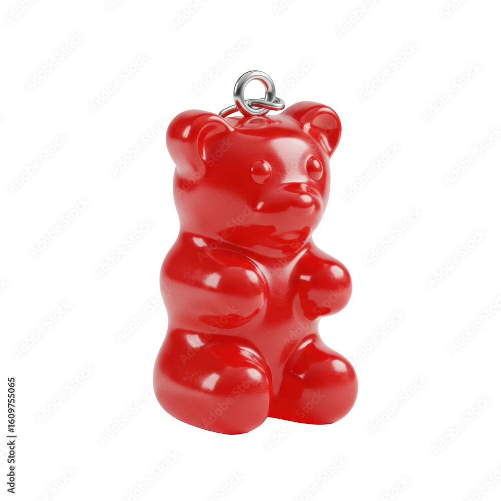 Poster a single, translucent, vibrant red plastic gummy bear charm with a glossy surface and soft-edged con
