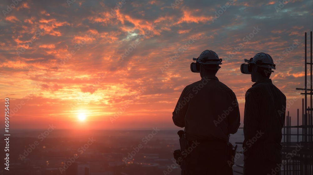 Poster engineers visualizing a building project using innovative technology at sunset