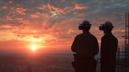 Engineers visualizing a building project using innovative technology at sunset