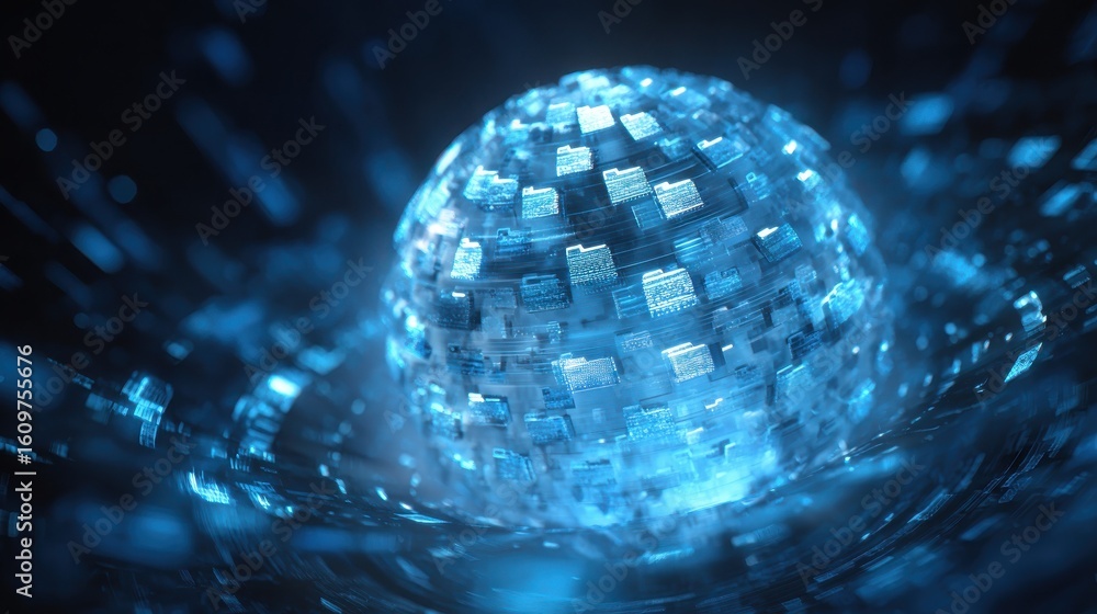 Poster secure data protection: a futuristic concept of digital files safely secured within a glowing digita