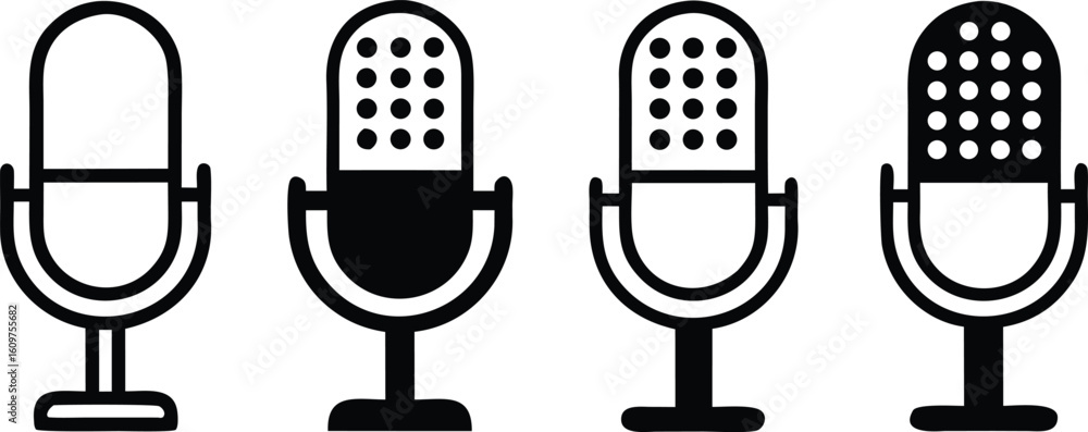 Poster four distinct microphone icons showcasing variations in design and detail audio recording vector bun