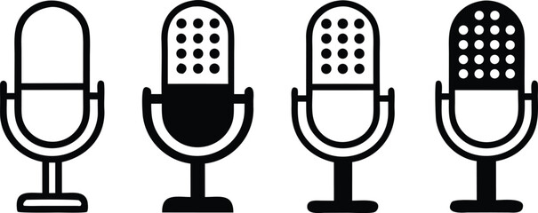 Four distinct microphone icons showcasing variations in design and detail audio recording vector bundle collection set pack object template elements icons clipart illustration editable flat minimal mo