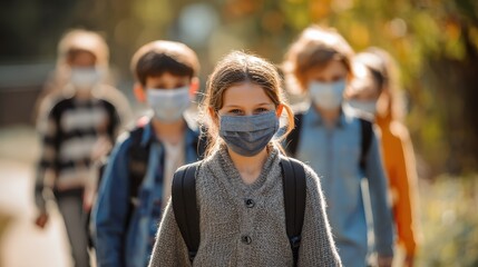 education, healthcare and pandemic concept - group of elementary school students wearing face protective medical masks for protection from virus disease with backpacks walking and talking outdoors, n
