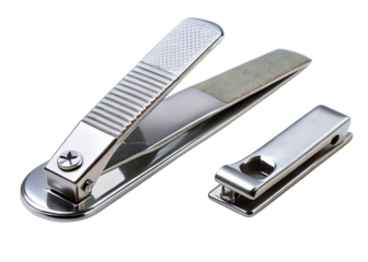 A set of two silver metal nail clippers, one large and one small, isolated on a transparent background