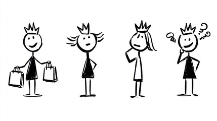 Four stick figure characters wearing crowns displaying different moods and actions