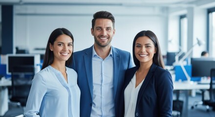 Portrait of a confident and successful business team of three smiling professionals. A male leader with two female colleagues standing in a modern office.