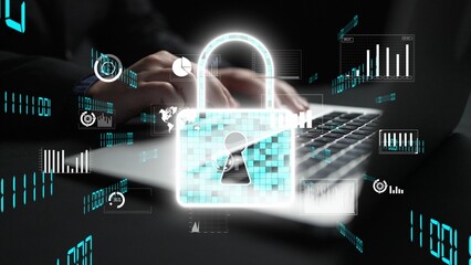 This image illustrates the concept of cyber security featuring a digital lock overlay on a laptop,...