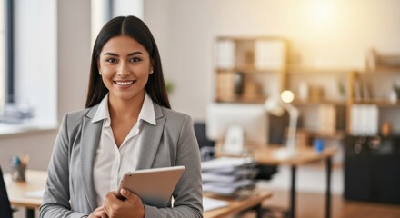 Portrait of a smiling young professional businesswoman holding a tablet in a modern office. Confident female entrepreneur or manager with a blurred background.