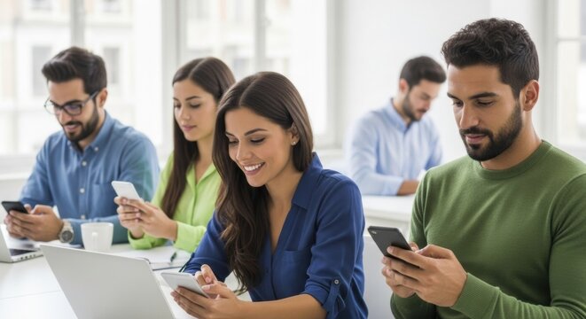 Young professionals in an office, each focused on their smartphone. Concept of digital communication, social media, and technology in the modern workplace.