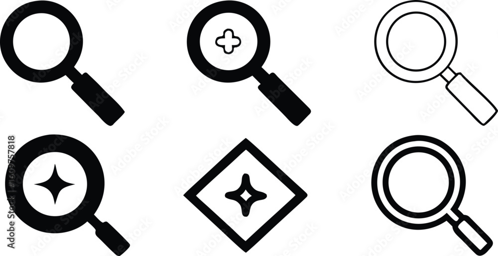 Poster magnifying glass icons with various symbols search zoom vector bundle collection set pack object tem