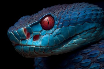 Enchanting blue snake with red eyes in close-up view  
