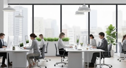 Employees working in a modern, bright open-plan office with a city view. Corporate workspace designed for productivity and collaboration.