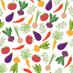 Seamless pattern of different vegetables. Vector illustration.