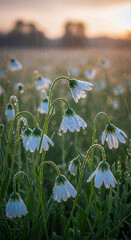 Obraz premium White wildflowers in a field at sunrise covered in morning dew or rain. Nature and beauty concept. Serene fresh summer landscape.