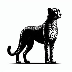 Elegant cheetah standing profile silhouette black and white illustration