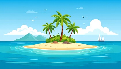 Tropical island paradise scene.  Vast ocean with a small, sandy island in the center, dotted with palm trees and lush greenery.  Light blue sky with fluffy clouds and a distant mountain range. 