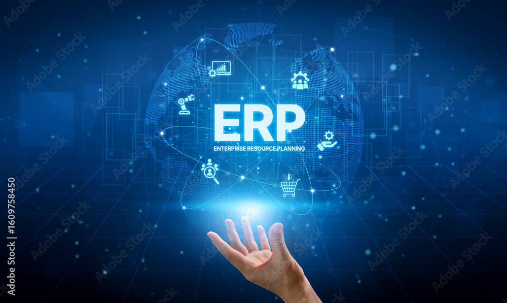 Poster erp platform visual showing centralized system for enterprise resource planning, improving integrati
