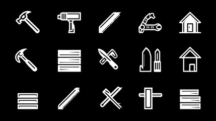Obraz premium White outline tools icons on a dark background. Tools include hammer, drill, saw, house