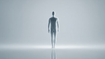 A minimalist, abstract representation of a human figure, standing upright with a smooth, featureless surface against a light background.
