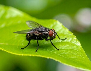 Fototapeta premium Close-up of fly on vibrant leaf
