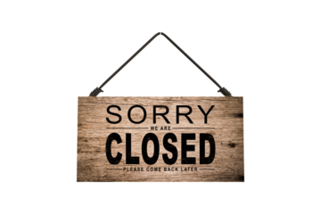 Sorry, we are closed. White sign with shadow isolated on transparent background. Realistic vector illustration. Business concept for closed businesses, sites and services. Signboard with a rope.
