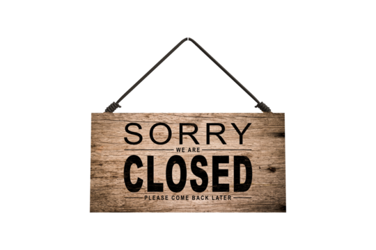 Sorry, we are closed. White sign with shadow isolated on transparent background. Realistic vector illustration. Business concept for closed businesses, sites and services. Signboard with a rope.