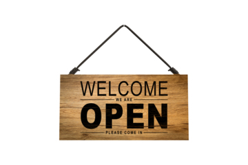 Open sign hanging front of cafe with colorful bokeh light abstract background. Business service and food concept. Vintage tone filter effect color style. PNG