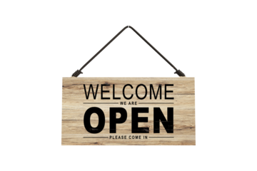 Open sign hanging front of cafe with colorful bokeh light abstract background. Business service and food concept. Vintage tone filter effect color style. PNG