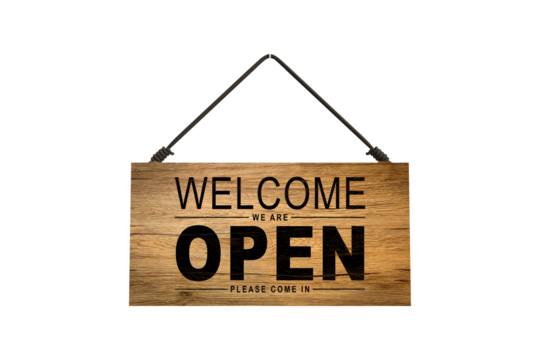 Open sign hanging front of cafe with colorful bokeh light abstract background. Business service and food concept. Vintage tone filter effect color style. PNG