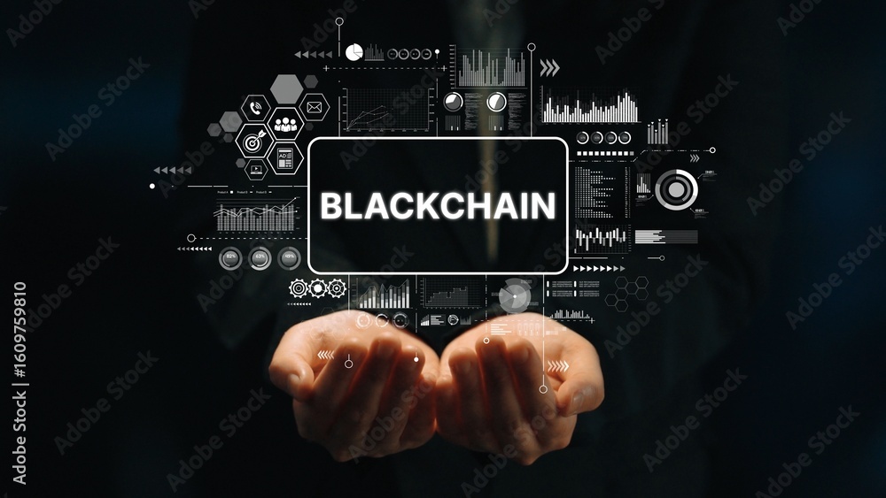 Poster hands holding a display of modern blockchain graphics and data visualization in a dark background. a