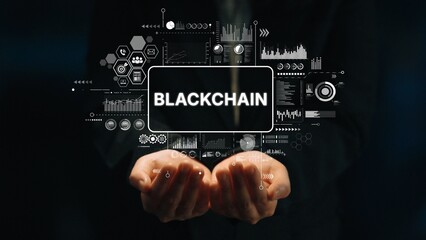 Hands Holding a Display of Modern Blockchain Graphics and Data Visualization in a Dark Background....