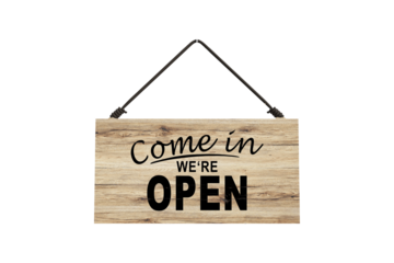 Come in we are open sign hanging on the door of a small business. Bells hang on the door to let the store owner know someone has come in. PNG