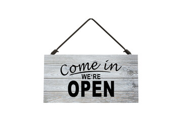 Come in we are open sign hanging on the door of a small business. Bells hang on the door to let the store owner know someone has come in. PNG