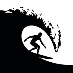 Silhouette of a Surfer Riding a Wave in Black and White Style for Water Sports and Adventure Designs and Creative Projects