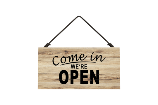 Come in we are open sign hanging on the door of a small business. Bells hang on the door to let the store owner know someone has come in. PNG