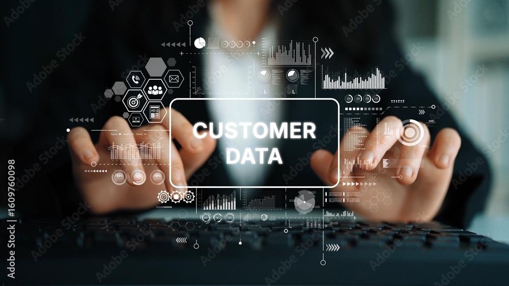 Poster business professional analyzing customer data with digital graphics and charts in modern office envi