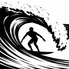 Silhouette of a Surfer Riding a Wave in Black and White Style for Water Sports and Adventure Designs and Creative Projects