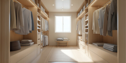 Light-filled horizontal closet space with soft wood textures, built-in wardrobe modules.