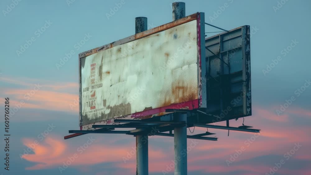 Poster a weathered billboard with rust and corrosion on a cloudy day
