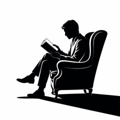 Elegant Reader Silhouette in Armchair Illustration with Refined Lines and Dark Hue for Sophisticated Literary Pursuits