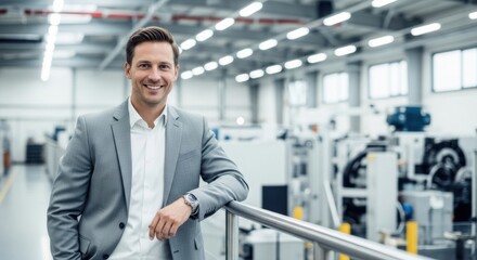Portrait of a confident manager or owner smiling in a modern factory. Successful businessman in the manufacturing and industrial sector.