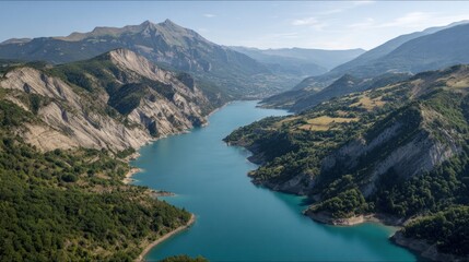 Fototapeta premium Mountain valley lake panorama