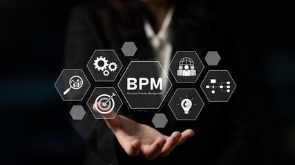 Business Process Management concept showing workflow analysis, process optimization, team...